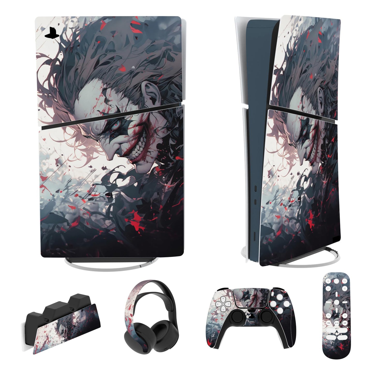 PlayVital Full Set Skin Sticker for ps5 Slim Console Digital Edition (The New Smaller Design) Vinyl Skin Decal Cover for ps5 Controller & Headset & Charging Station & Media Remote - Killing Clown