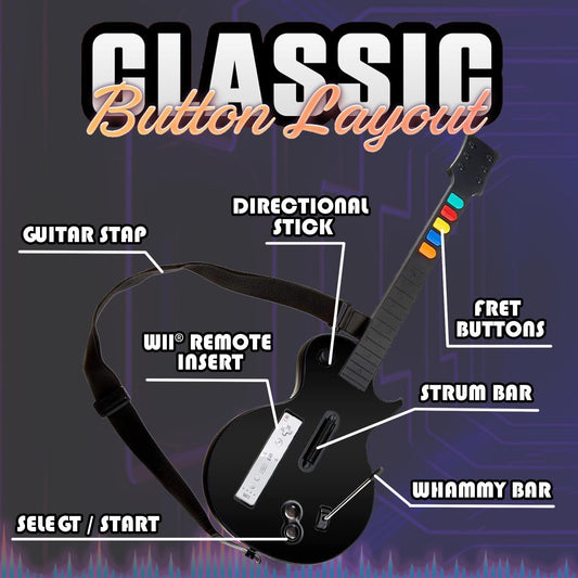 NBCP Wireless Guitar Controller for Nintendo Wii - Compatible with Guitar Hero & Rock Band 2 - Adjustable Strap - Black - Model KT613B