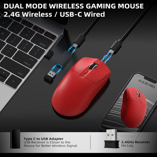 A.JAZZ AJ139 G Pro Wireless Gaming Mouse - Ultra-Lightweight 59g, Dual Mode Type-C Wired/2.4GHz USB, 26000DPI, Ergonomic, Red