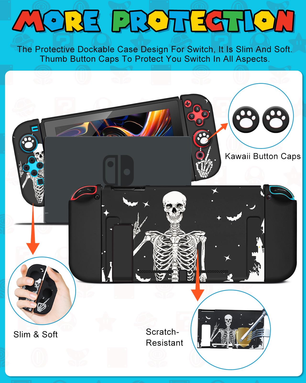 Gurgitat 9in1 Skull Skeleton Switch Case for Nintendo Switch - Black, Includes Thumb Grips, Game Holder, Dockable Skin, Shoulder Strap, Sticker