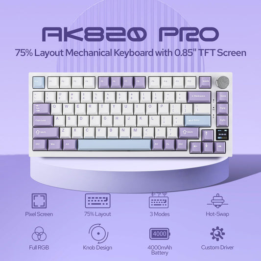 EPOMAKER Ajazz AK820 Pro 75% Wireless Mechanical Keyboard, TFT Smart Display, Gasket-Mounted, Bluetooth/USB-C, Purple, Flying Fish Switch
