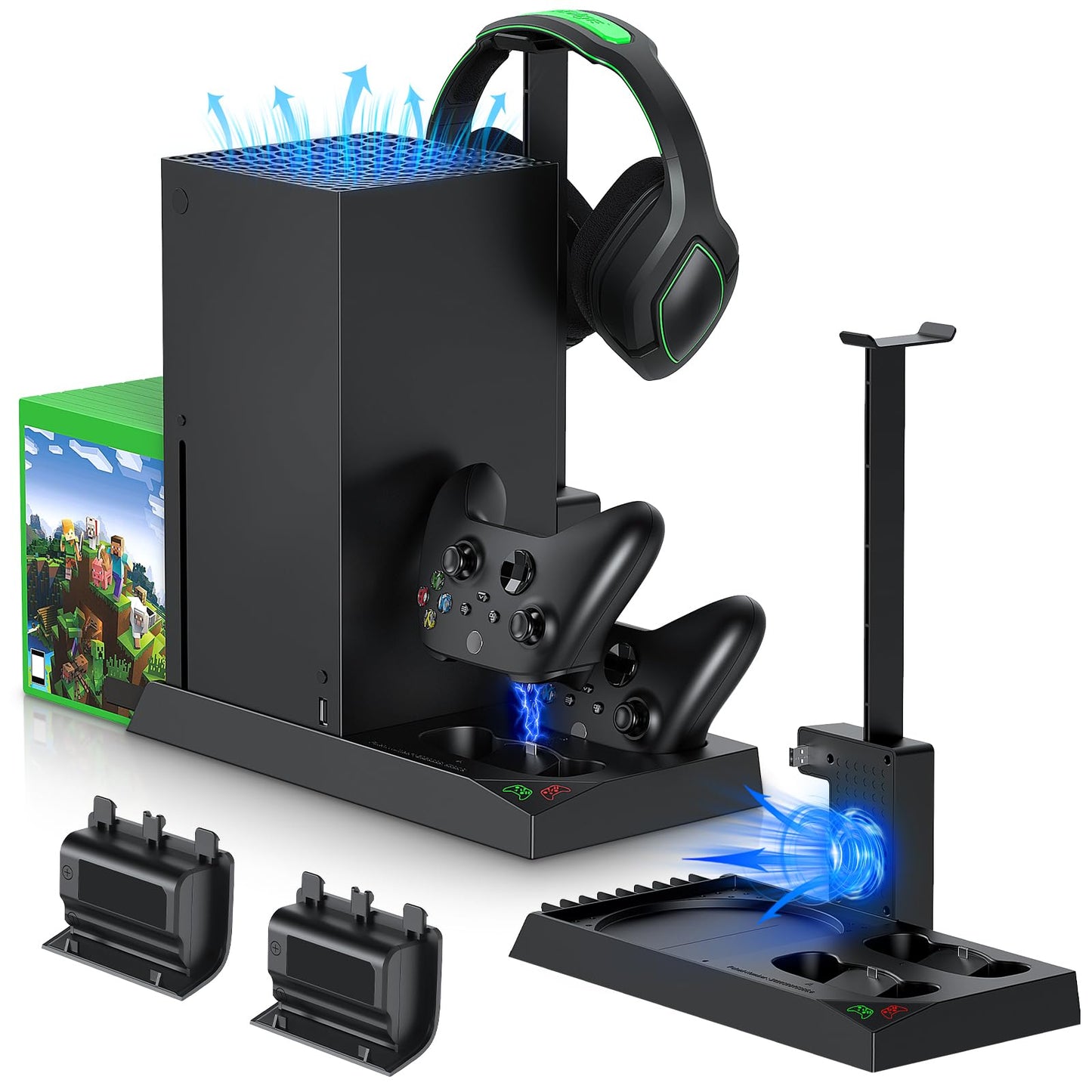 MENEEA Cooling Fan & Charging Stand for Xbox Series X Console and Controller Vertical Cooler System Dual Charger Station Dock Accessories Kit with 2 x 1400mAh Rechargeable Battery (Black)