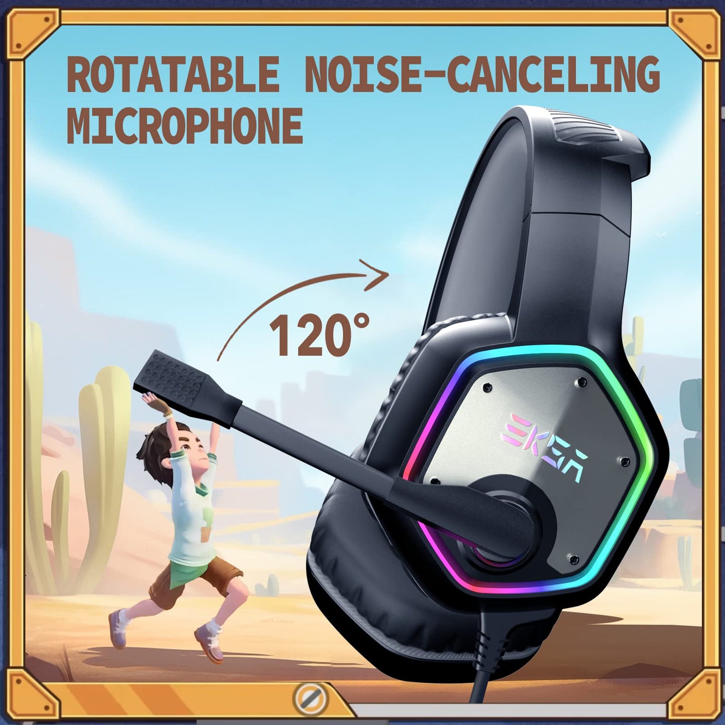 EKSA E1000 Gaming Headset - Noise-Canceling Mic, RGB Light - Compatible with PC, PS4, PS5 - Gray-Sandrock