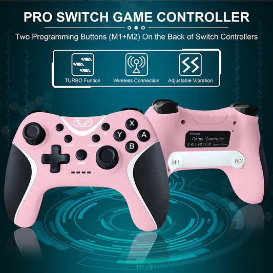 BRHE Wireless Switch Controller - Pink Pro Gamepad for Nintendo Switch/Lite/OLED/PC with Vibration, Turbo & Programmable Features
