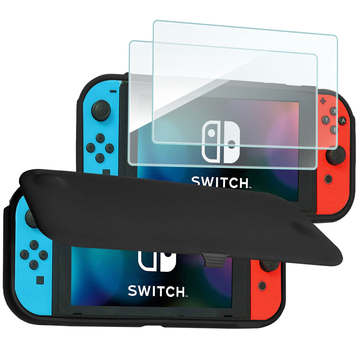 ProCase Flip Cover for Nintendo Switch Case with 2 Pack Tempered Glass Screen Protectors Detachable Front Cover Protective Case for Nintendo Switch 2017 -Black