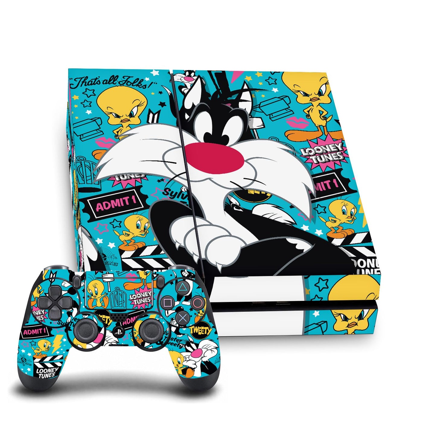 Head Case Designs Officially Licensed Looney Tunes Sylvester The Cat Graphics and Characters Vinyl Gaming Skin Decal Compatible With Sony PlayStation 4 PS4 Console and DualShock 4 Controller Bundle