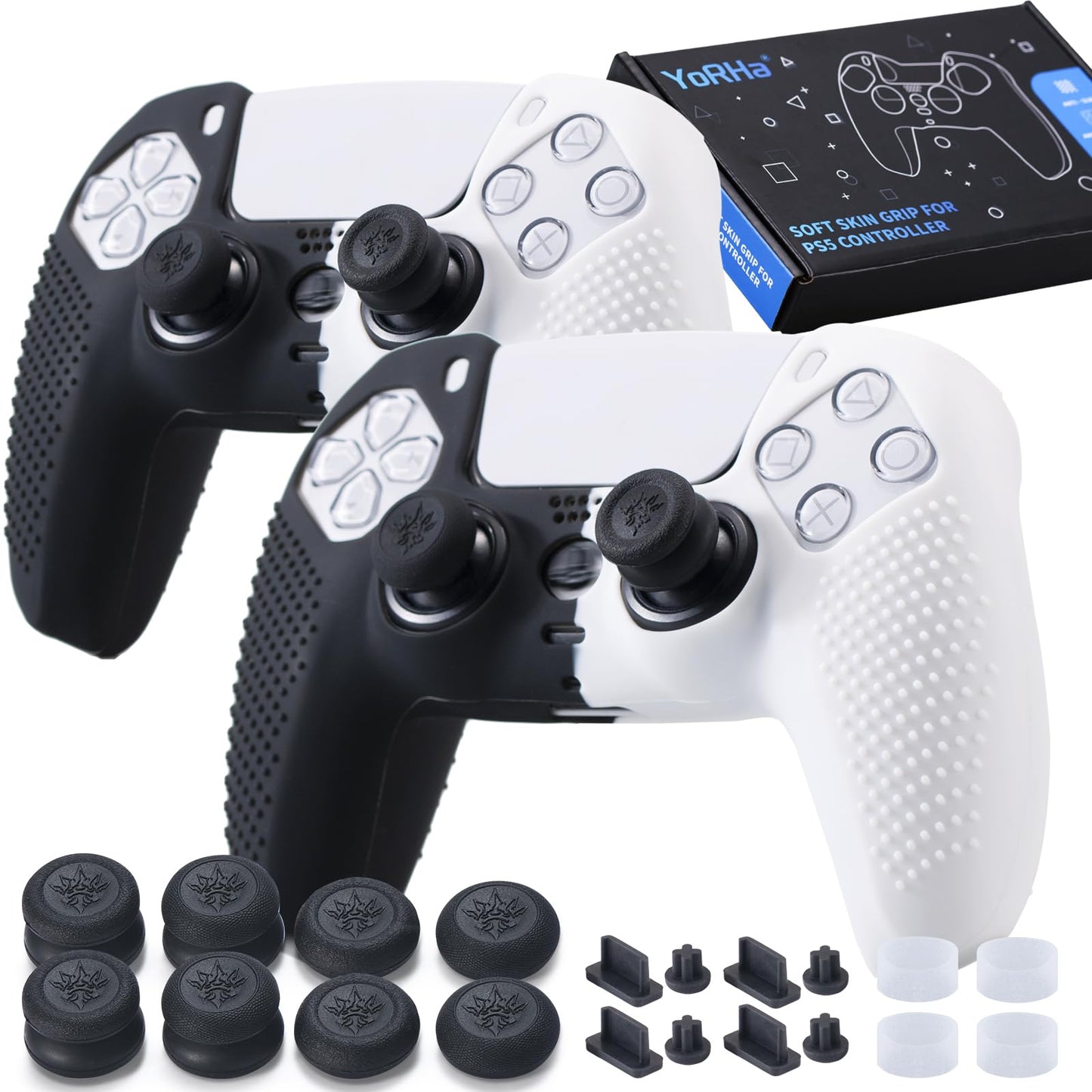 YoRHa Silicone Skins Cover for PS5 Controller x 2(Black+White) with Thumb Grips x 8 Plugs x 8 Anolog Protectors x 4
