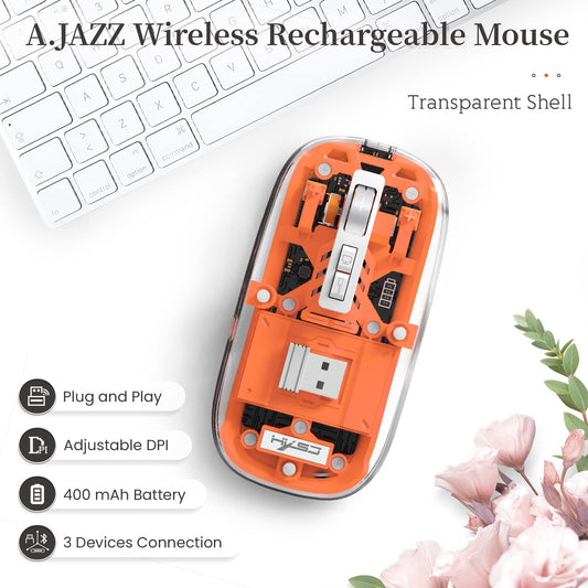 A.JAZZ T900 Mini Wireless Bluetooth Mouse - Rechargeable, Silent, Transparent Orange for PC/Mac/Laptop