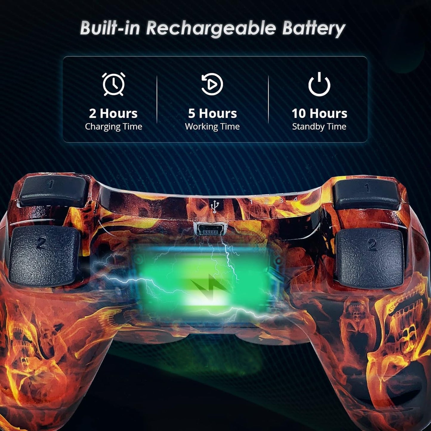 CHENGDAO PS3 Controller 2 Pack - High-Performance Wireless with Double Vibration, Motion Control, Flame & Wolf Color