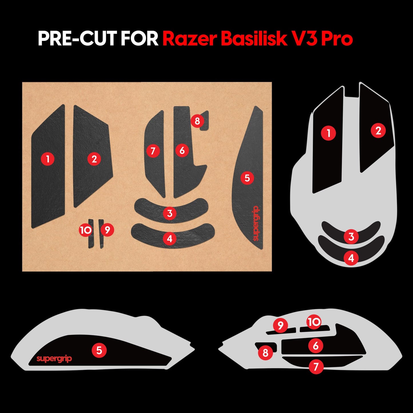 Pulsar Gaming Gears SUPERGRIP Griptape Set for Razer Basilisk v3 Pro - Anti-Slip, Sweat Absorbing, Ultra-Thin, Black with Silver Accents