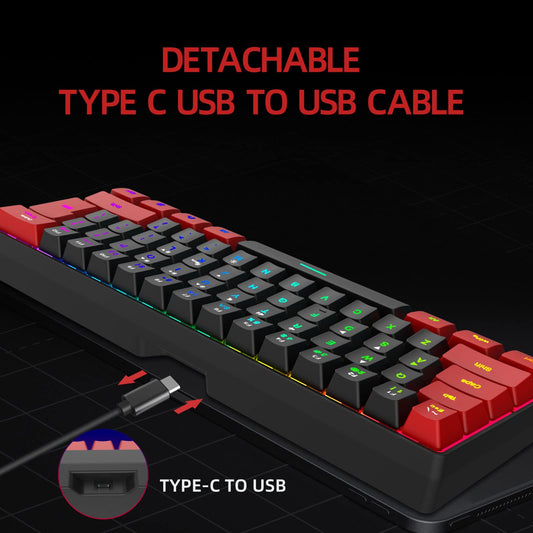 Snpurdiri 60% Wired Gaming Keyboard - RGB Backlit Mini Keyboard for PC - Ultra-Compact, Red and Black