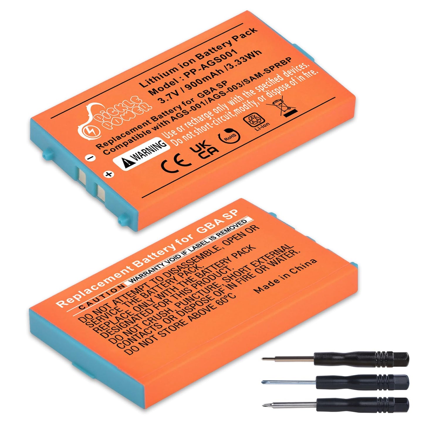 Gameboy Advance SP Battery Pickle Power 2 Pack 900mAh Rechargeable Lithium-ion Battery for Nintendo GBA SP Gameboy Advance SP with Tool Kit