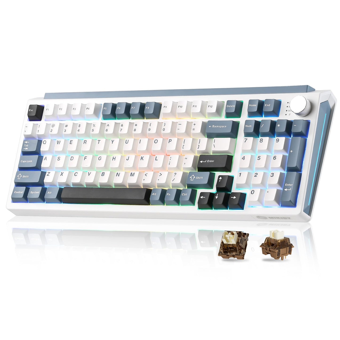 MIKIBY K98 Wireless Mechanical Keyboard Tri-Mode BT5.0/2.4GHz/USB-C Hot Swappable Custom Keyboard Gasket Structure RGB Backlit Gaming Keyboard for Win & Mac(White&Blue Cocoa-V2 Switch)