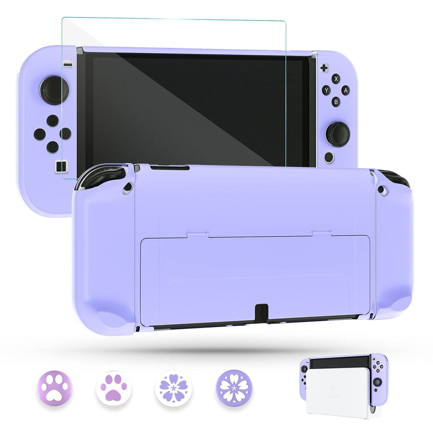 FUNDIARY Dockable Purple Case for Nintendo Switch OLED Model 2021 Skin Accessories Cover for Switch OLED Console Grips with Screen Protector and 4 Thumb Grip Caps - Full Protection by Flip Shell