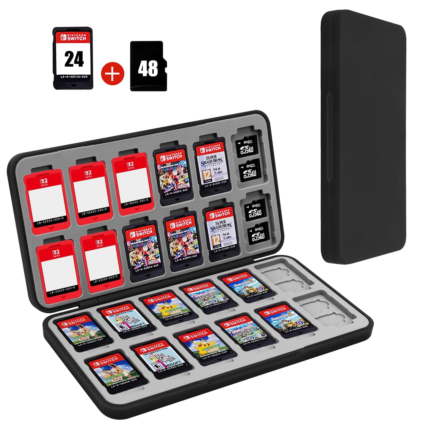 FYY Nintendo Switch Game Case Holder for Switch 2 refill unit Case with 24 Game Card sections & 48 Micro SD Card sections Hard Shell Silicone Lining Black