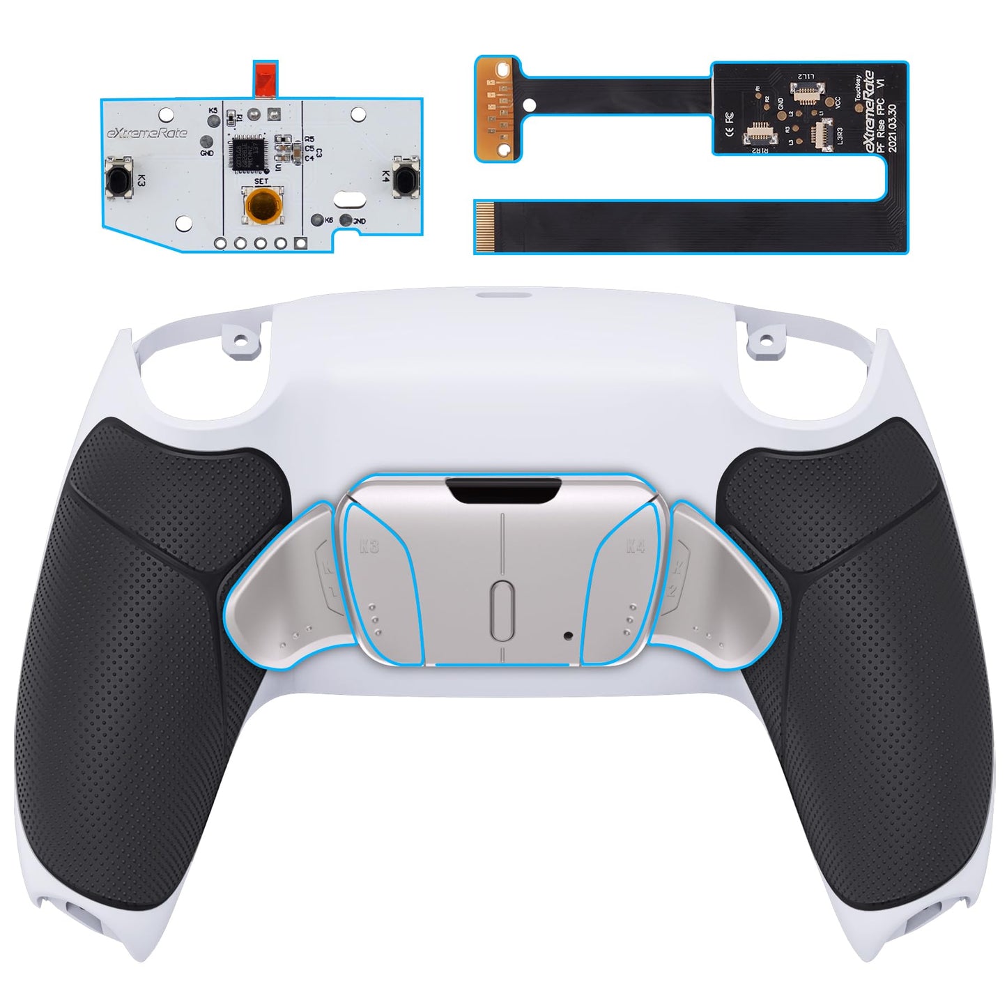 eXtremeRate Silver Real Metal Buttons (RMB) RISE4 Remap Kit for PS5 Controller BDM-010 020 with Black Rubberized Grip Redesigned White Back Shell Upgrade Board and 4 Back Buttons for PS5 Controller