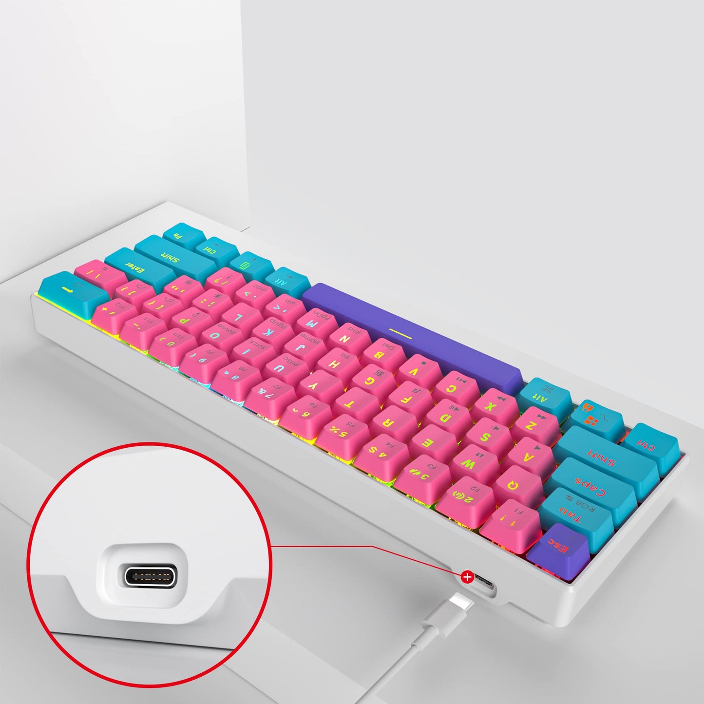 Fogruaden 60% Mechanical Keyboard, 61 Keys RGB Backlit, Pink, Wired for Win/Mac PC Gamer, Ultra-Compact, Red Switch