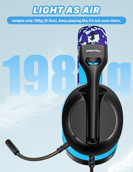 WIRWTRU S30 Gaming Headset - Wired, Noise Cancelling Mic, Lightweight 198g, Soft Earmuffs, Blue - Compatible with Xbox, PS5, PC