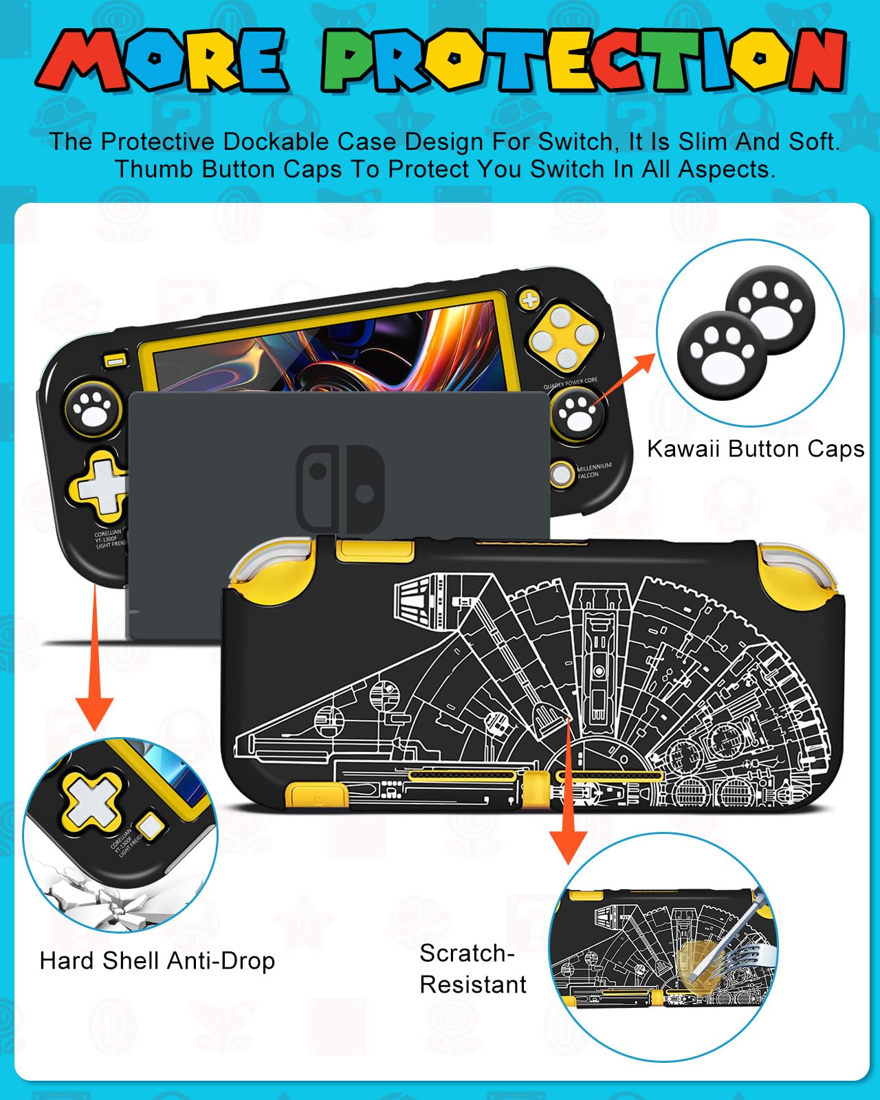 Gurgitat 7-in-1 Cool Ship Case for Nintendo Switch Lite - Black Star Warfare, Dockable, Includes Thumb Grips, Game Holder, Shoulder Strap