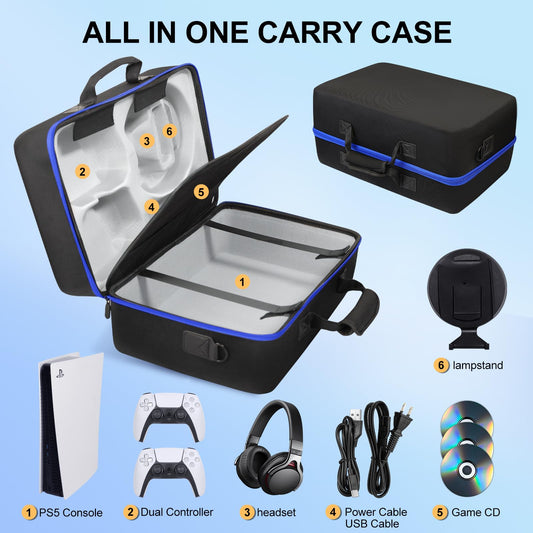 ZORETCO PS5 Carrying Case - Hard-Shell Travel Bag for Console, Controllers & Accessories - Black Grey