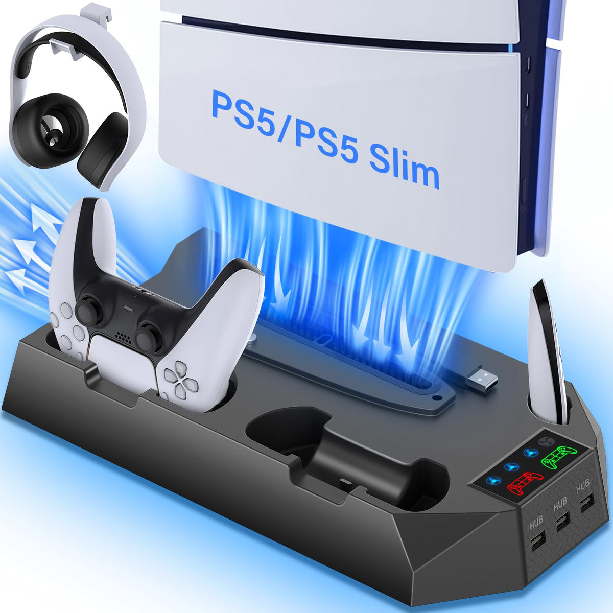 PS5 Slim Stand and Cooling Station with Controller Charging Station for Playsation 5 Slim&Standard Disc/Digital Console PS5 Accessories Incl. Charger/Turbo Fan/3 USB Hub/Headset Holder - Black