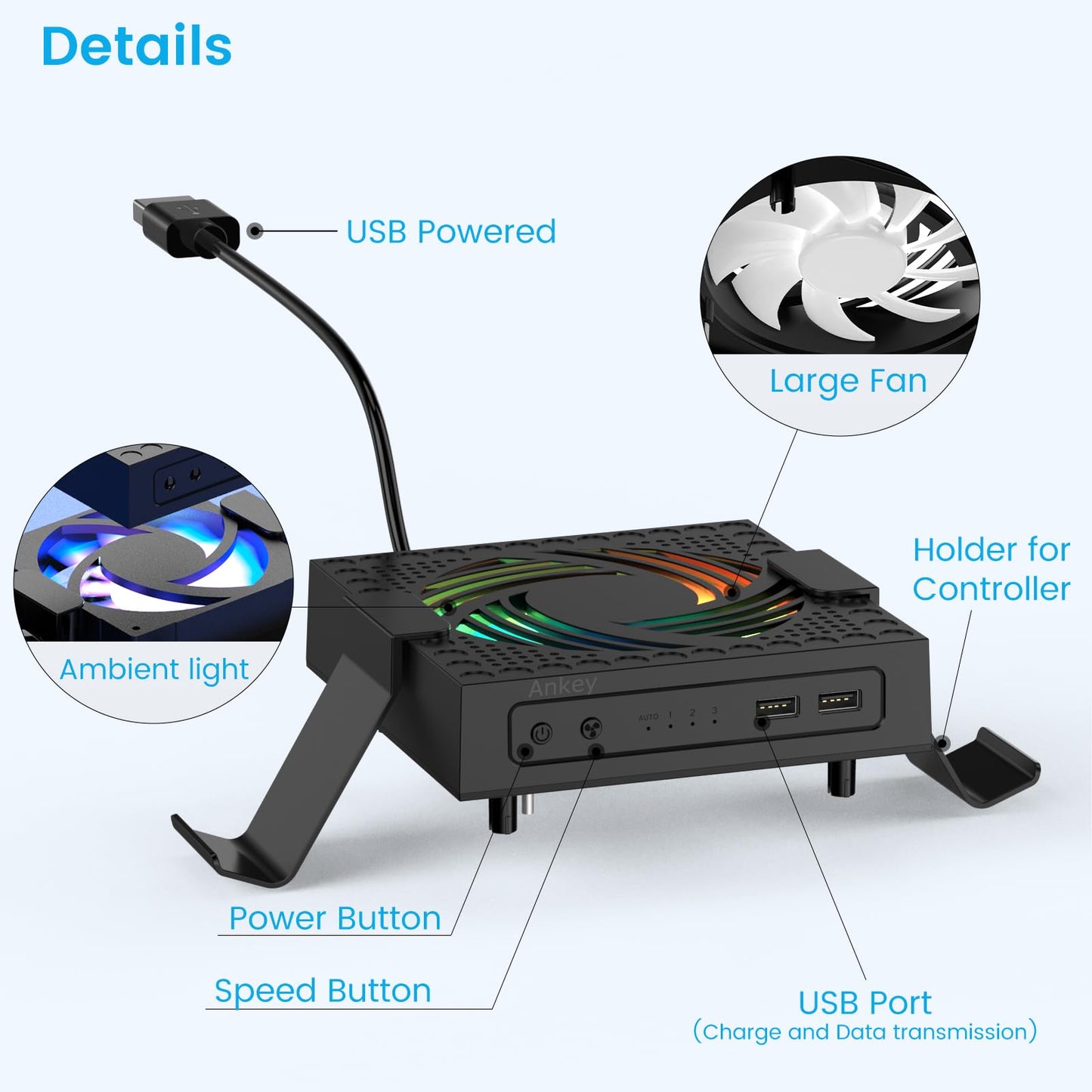 Ankey Automatic Cooling Fan for Xbox Series X, Low Noise, RGB Light, Model AL-XB2235, Includes 2 USB Ports for Charging & Data