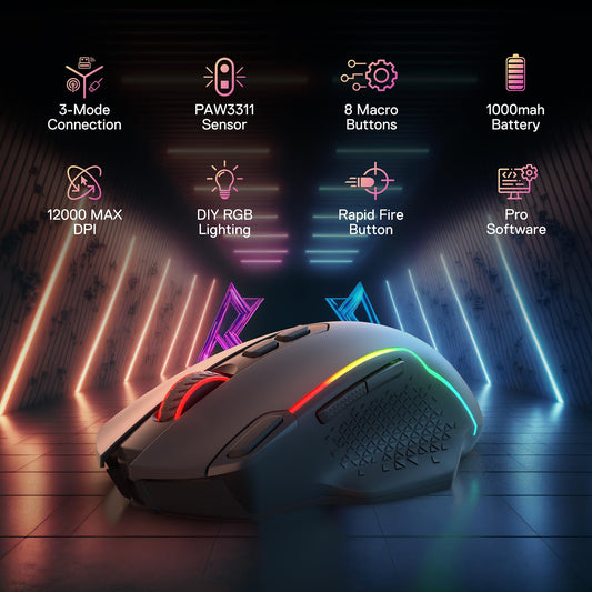 Redragon M810 PRO Wireless Gaming Mouse, 12000 DPI, RGB, 8 Macro Buttons, Black