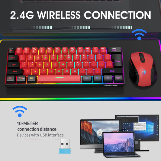 Snpurdiri Wireless Gaming Keyboard & Mouse Combo, 60% Size, Ergonomic Vertical Mouse, Black Red Combo