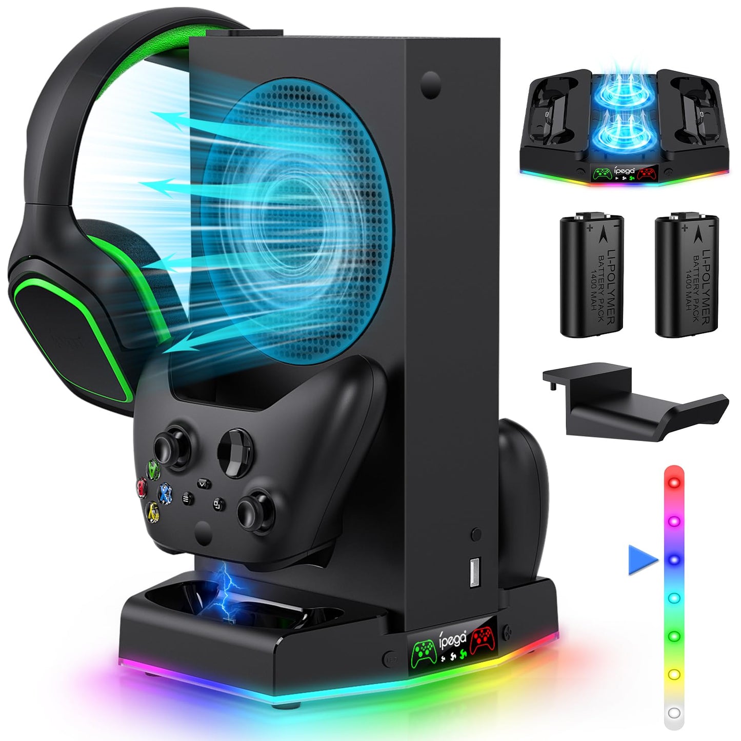 Cooling Stand & Charging Station for Xbox Series S with RGB Light remove Dual Controller Charger & Cooler Fan for XSS Console Accessories with 2*1400mAH Rechargeable Battery Pack 1*Headphone Hook Black