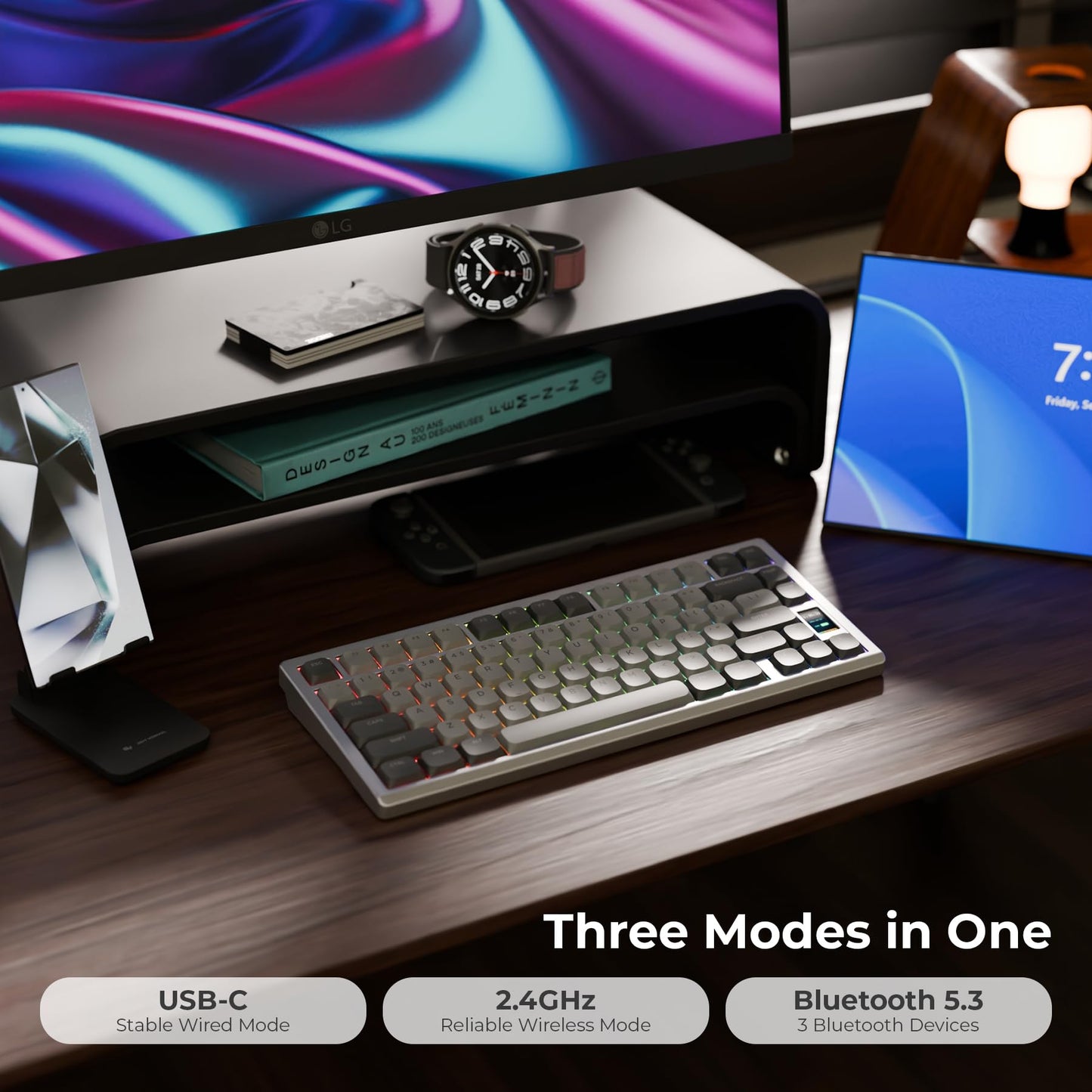 OOCTPK Mechanical Keyboard - Chilkey ND75 LP Wireless RGB, Bluetooth/USB-C, Ultra-Thin Design, Silver, PC/Mac Compatible