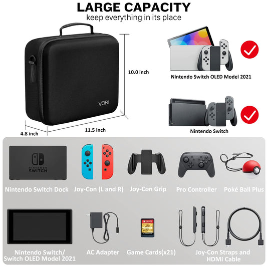 VORI Hard Carrying Case for Nintendo Switch/OLED - Protective Storage with Handle & Strap, Black