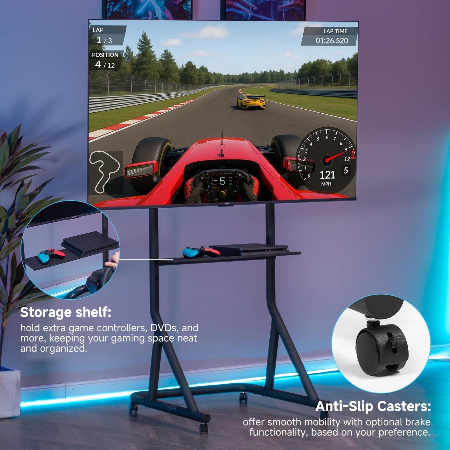 GTPLAYER Adjustable Mobile TV Stand for 32-65 Inch Displays, Black, Model GTS091, Ideal for Racing Wheel and Simulator Cockpits