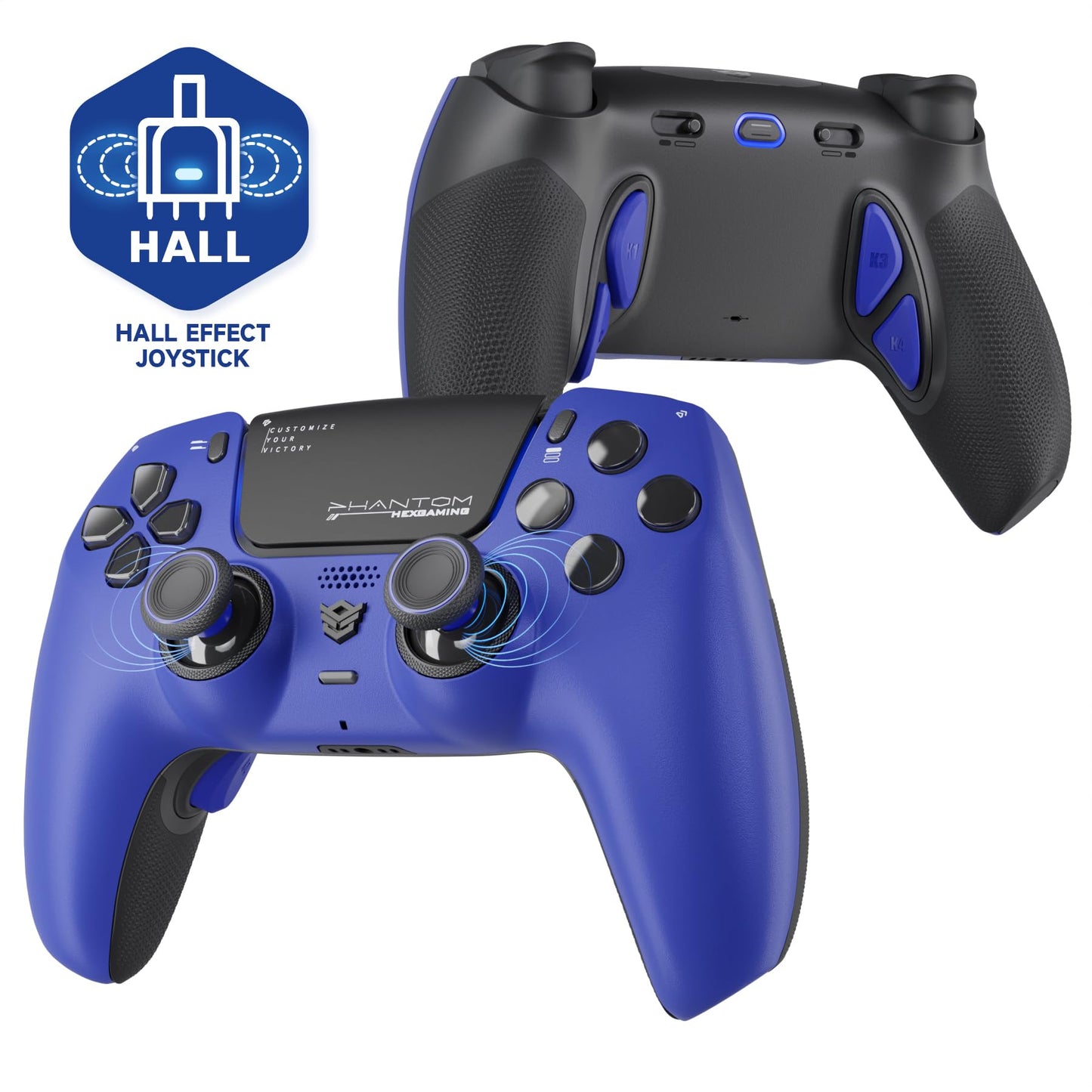 HEXGAMING PHANTOM Pro Controller with 4 Remappable Buttons 6 Remapping Profiles 8 Interchangeable Analog Stick and Adjustable control buttons Compatible with ps5 PC Mobile - Hall Effect Dream Blue