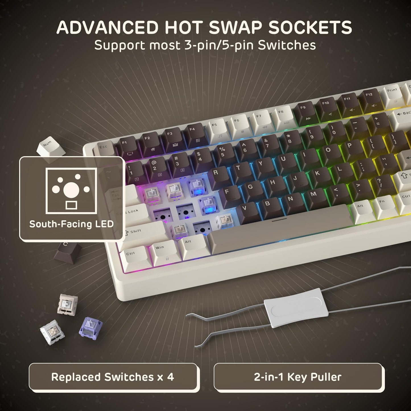 RK ROYAL KLUDGE F99 Wireless Mechanical Keyboard, Tri-Mode, Tactile Beige Switch, Mocha Brown, 95% Layout, 5000mAh Battery