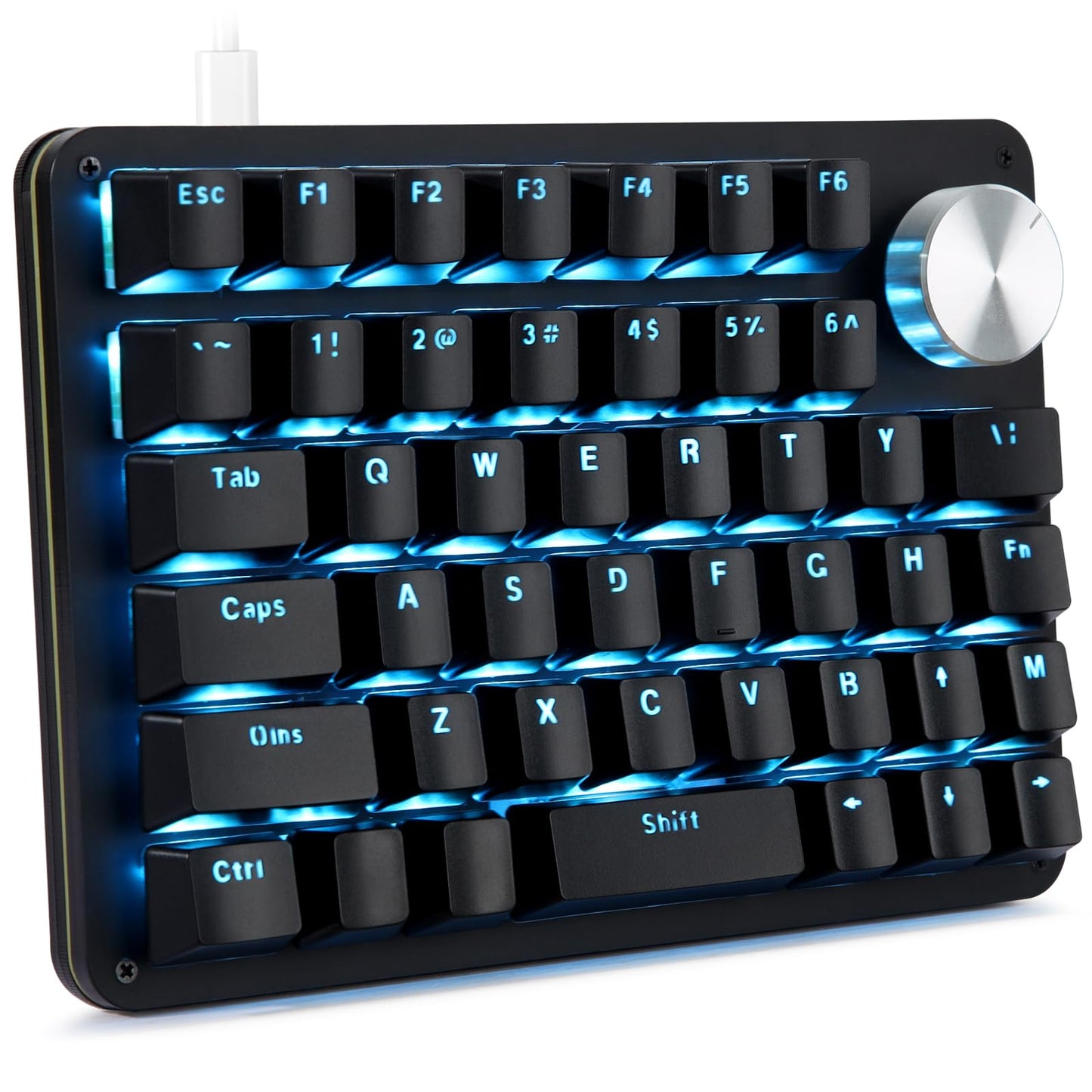 Koolertron One Handed Mechanical Gaming Keyboard with 24 Macro Keys 45-Key Fully Programmable Mini Keypad Mini USB Macro Keyboard with Rotating Knob Blue Backlit for Windows PC Gamers