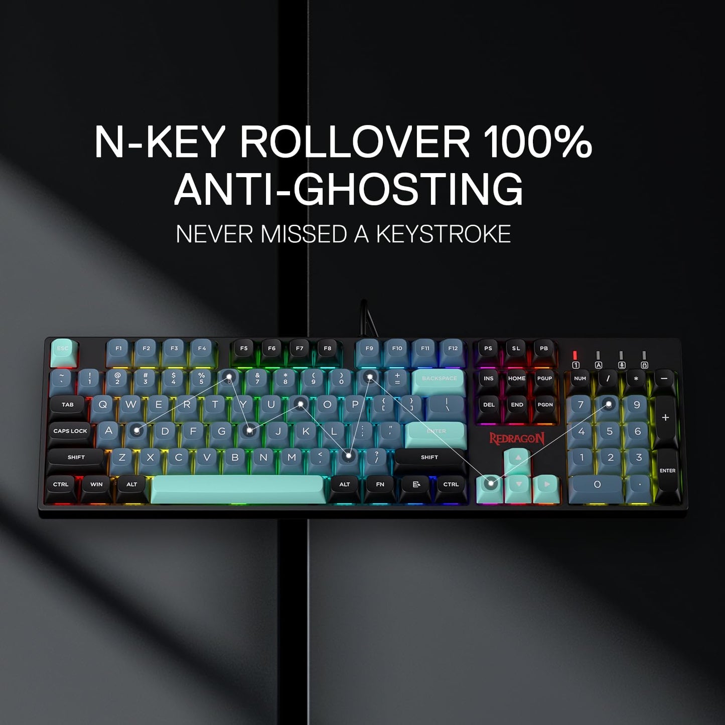 Redragon K582 SE Wired RGB Gaming Keyboard - 104 Keys, Mixed Color Round PBT Keycaps, Dynamic 16.8M RGB, Linear Red Switch, Dark Jade