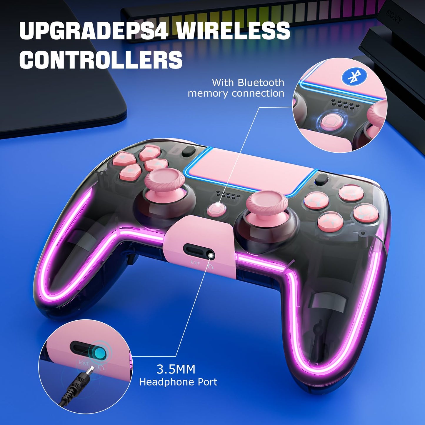 BRHE Wireless PS4 Controller - Pink, Hall 3D Joysticks, RGB LED Lights, Programmable Funtion for PS4/Slim/Pro