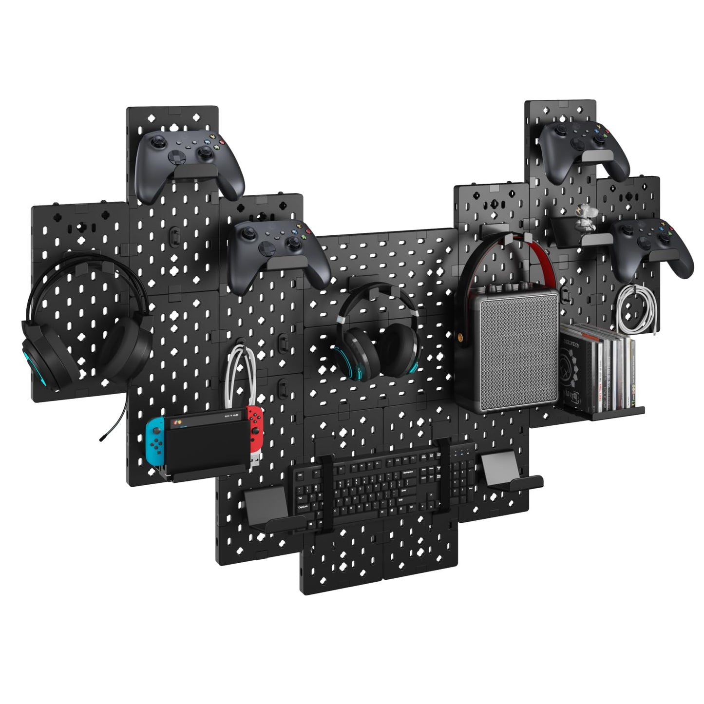 PEGZONE Controller and Headphone Holder Wall Mount Modular Gaming Pegboard with Accessories Controller Stand for Xbox PS5 PS4 Switch Video Game Storage Disc Shelf Organizer 14pcs Pegboard Black