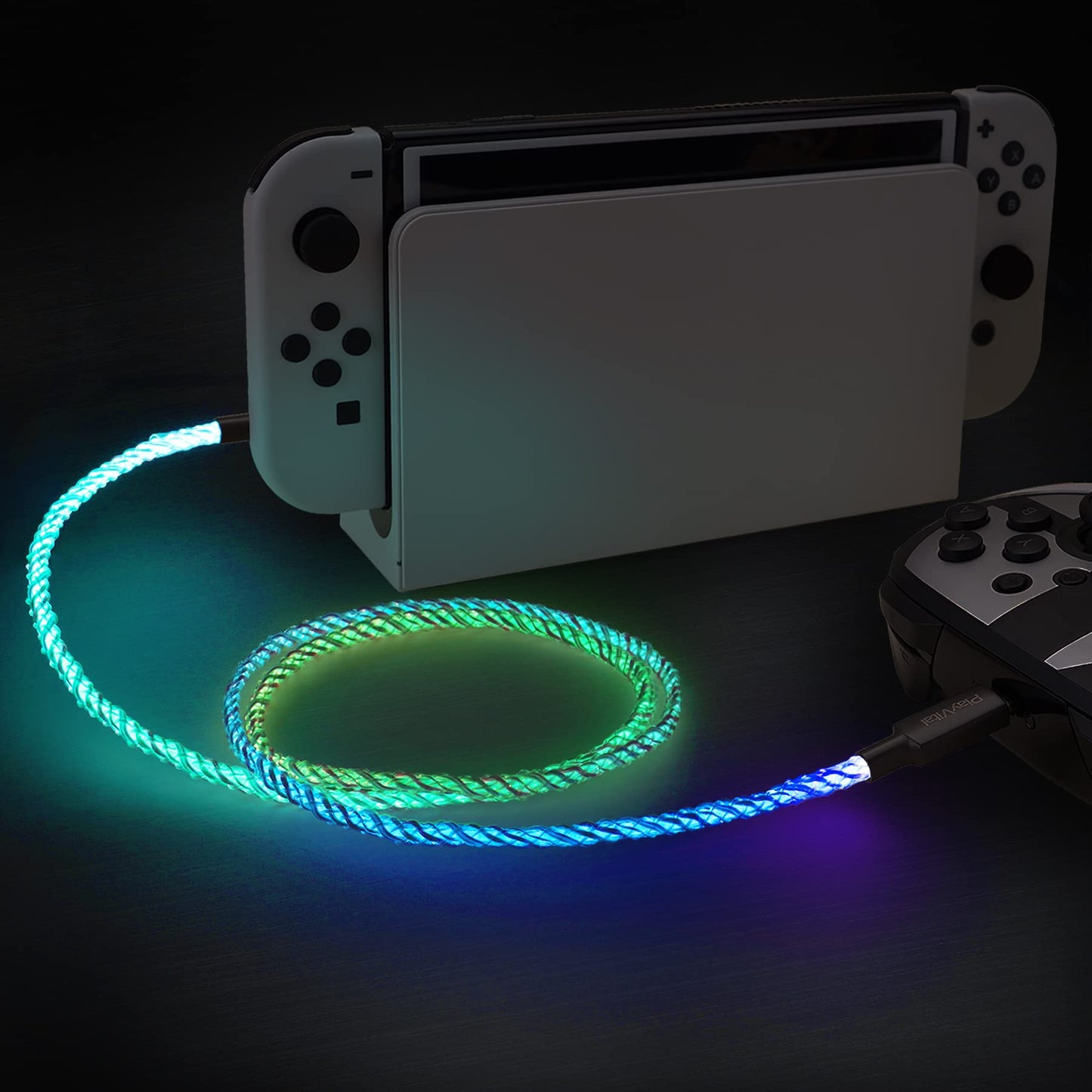 PlayVital USB-C LED Charging Cable for Nintendo Switch/OLED/Lite/Switch 2 Pro 4.92FT Universal RGB Light Up Charger Cord for ps5/ps5 Edge Controller for Xbox Series X/S Elite Series 2 Controller