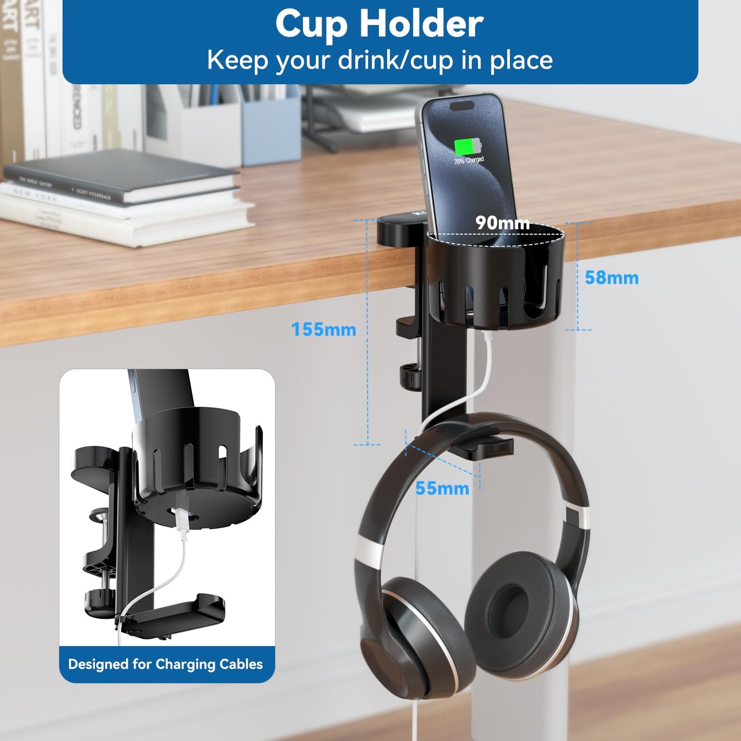 KDD 2 in 1 Headphone Hanger with Desk Cup Holder, Rotatable Under Desk Clamp, Black, Model 790-FUTI