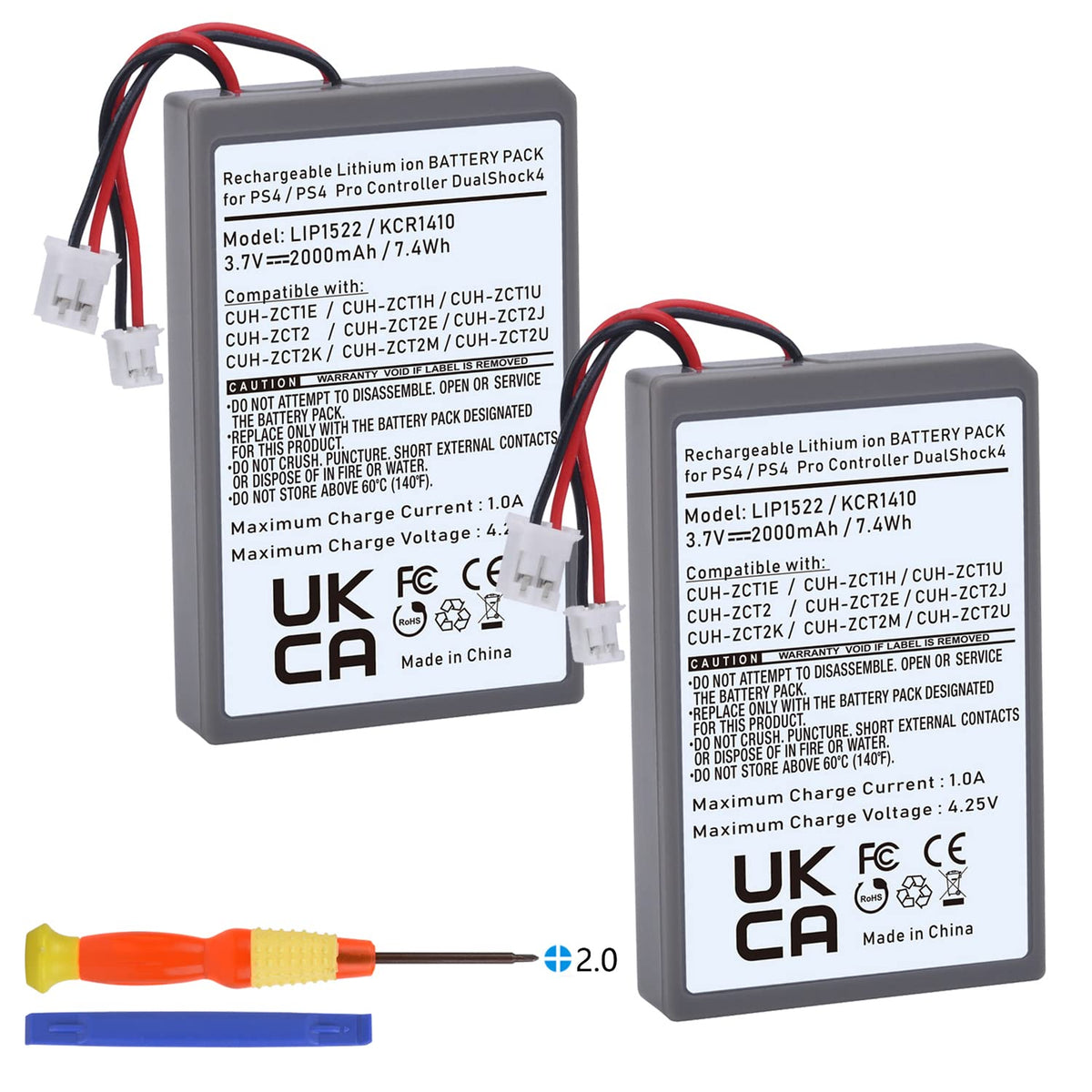 Batmax 2Pc 2000mAh LIP1522 KCR1410 Battery for Sony PS4 Playstation 4 Slim/Pro Dualshock CUH-ZCT1E CUH-ZCT1H CUH-ZCT1U CUH-ZCT2 CUH-ZCT2U Controller