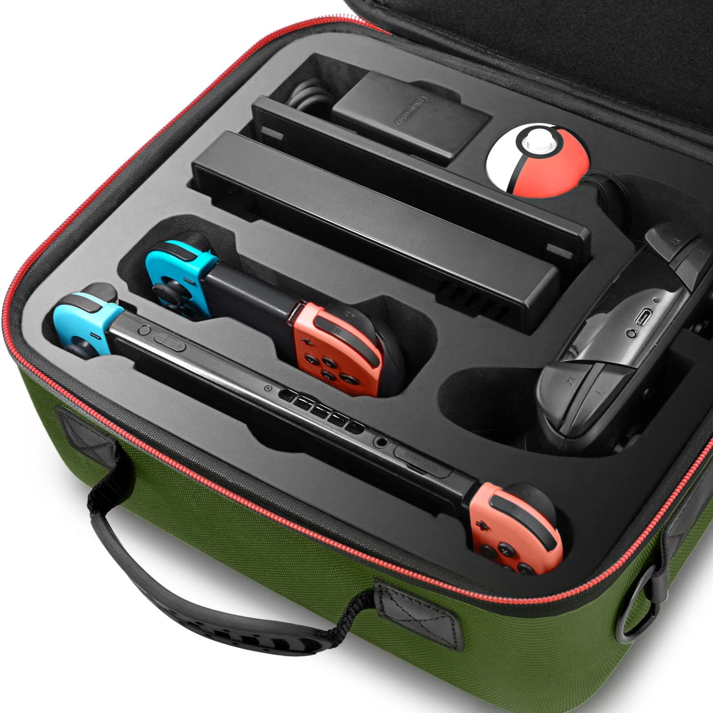 VORI Hard Travel Case for Nintendo Switch/OLED, Green, with Handle & Shoulder Strap, Fits Pro Controller & Accessories