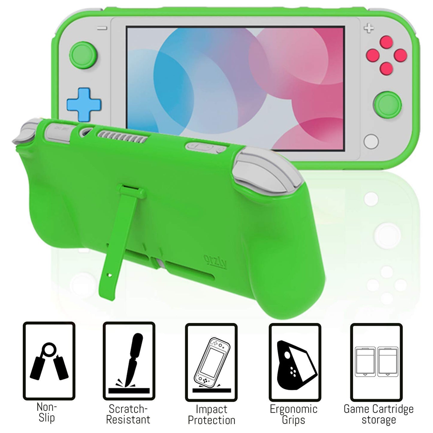 Orzly Nintendo Switch Lite Accessories Bundle - Case, Screen Protector, USB Cable, Games Holder, Green, Model 9ORZPACK