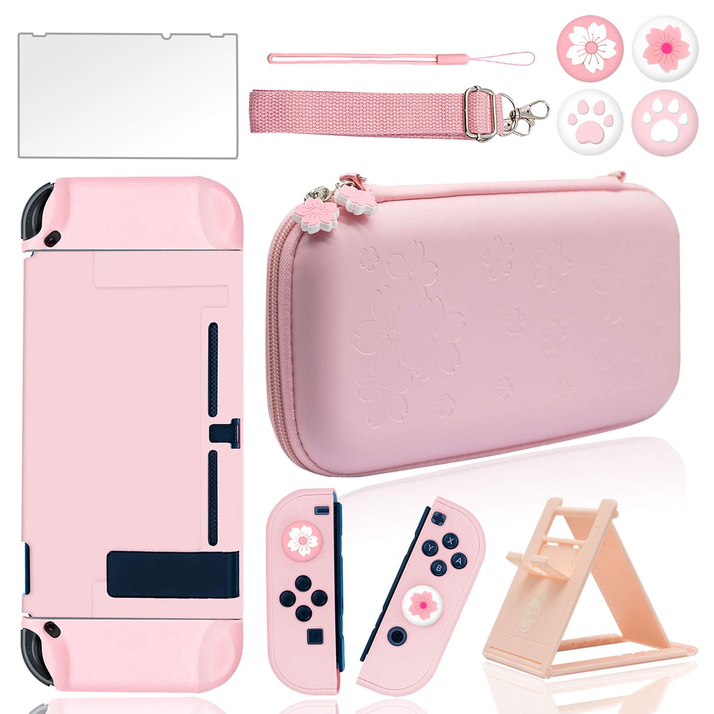 BRHE Cute Tpartyl Carrying Case for Nintendo Switch Accessories Kit with Hard Protective Cover Glass Screen Protector Adjustable Stand and Thumb Grip Caps 10 in 1(Switch Pink)