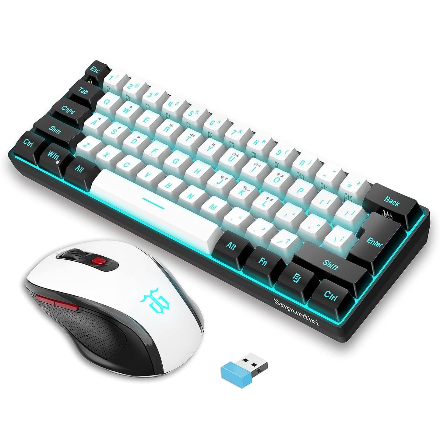 Snpurdiri 2.4G Wireless Gaming Keyboard and Mouse Combo Include Mini 60% Merchanical Feel RGB Backlit Keyboard Ergonomic Vertical Feel Small Wireless Mouse(Black and White)