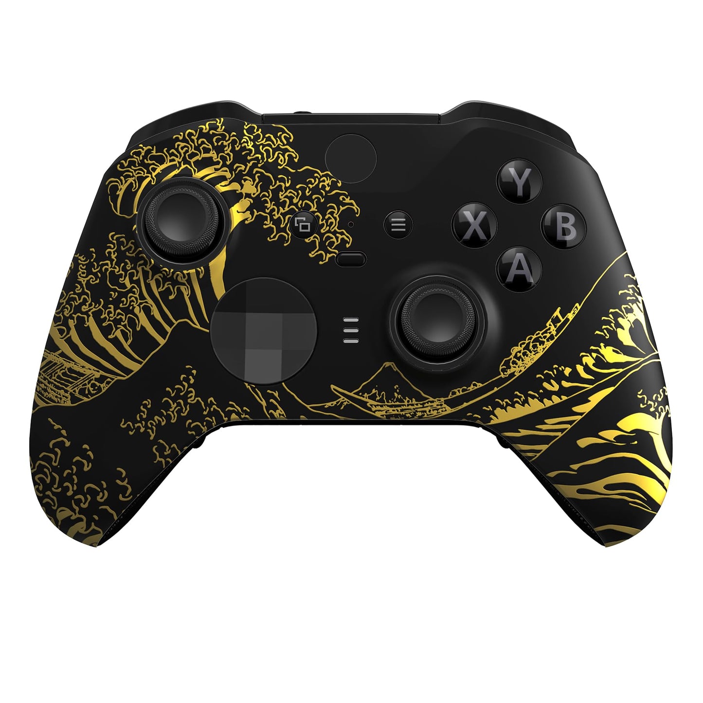 eXtremeRate The Great GOLDEN Wave Off Kanagawa - Black Faceplate Cover Front Housing Shell Replacement Kit for Xbox One Elite Series 2 Xbox Elite 2 Core Controller Model 1797 - Accent Rings Included