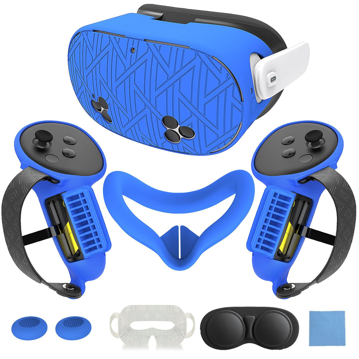 MLemonVR Silicone Cover Set for Meta/Oculus Quest 3s Accessories Includes VR Case Cover Face Interface Cover Upgraded Battery Opening Controller Grip Cover Lens Cap Protector Disposable Eyecup (Blue)