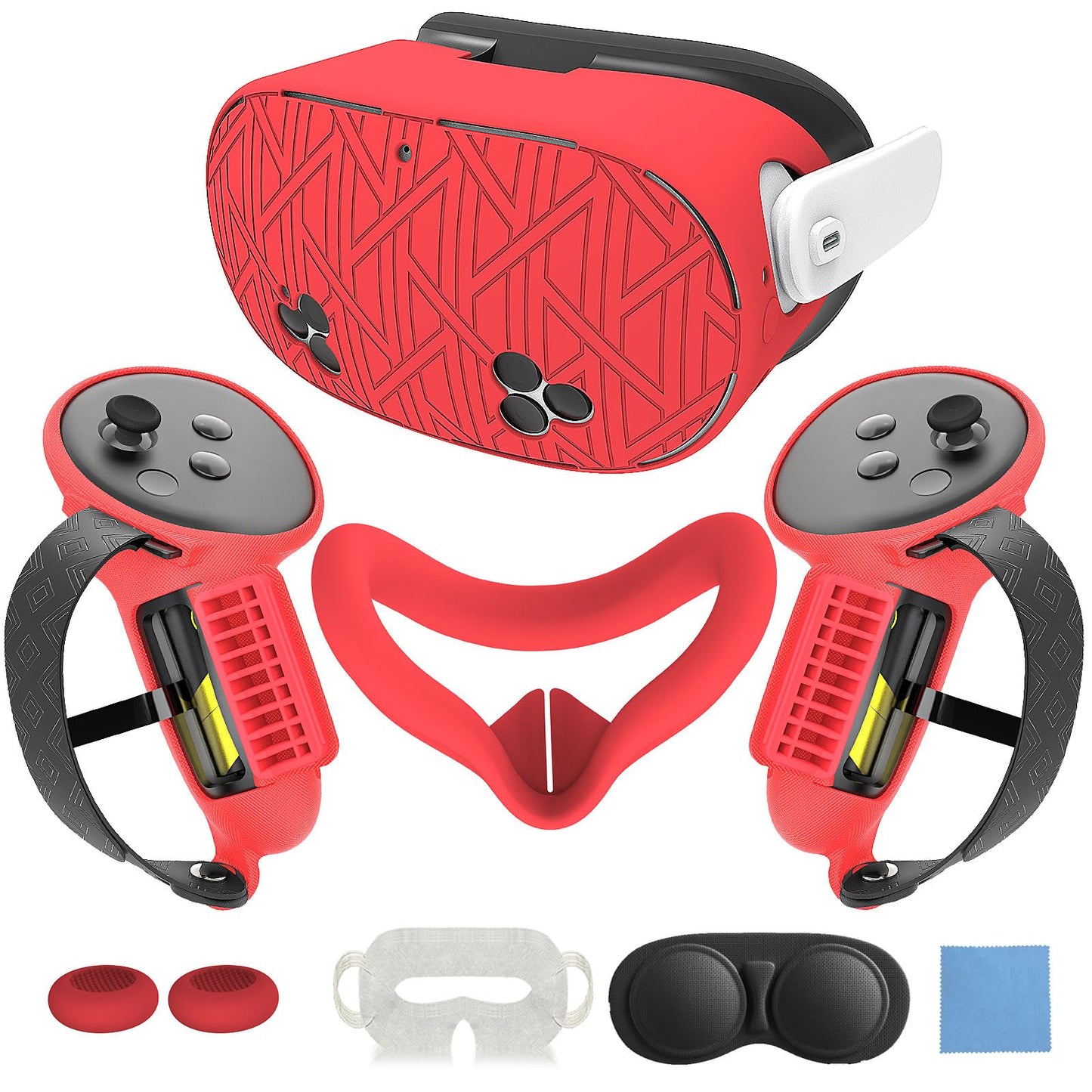 MLemonVR Silicone Cover Set for Meta/Oculus Quest 3s Accessories Includes VR Case Cover Face Interface Cover Upgraded Battery Opening Controller Grip Cover Lens Cap Protector Disposable Eyecup (Red)
