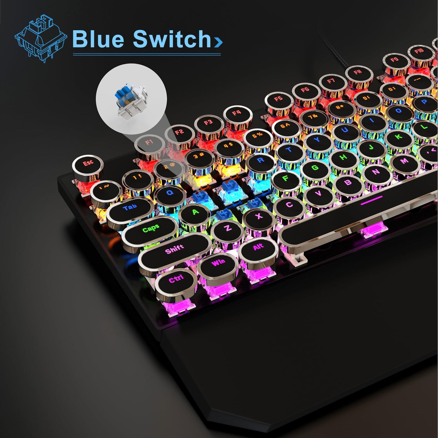 MageGee Typewriter Mechanical Gaming Keyboard, RGB Backlit, Blue Switches, Retro Round Keycaps, Black Finish for Windows, Laptop, PC, Mac