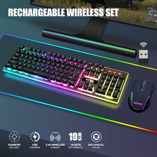 RedThunder K10 Wireless Gaming Keyboard & Mouse Combo, LED Backlit, Rechargeable 3800mAh Battery, Anti-ghosting, Black